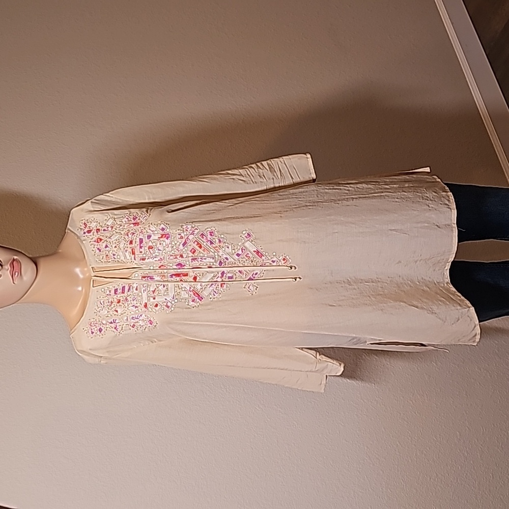 Chico's tunic beige silk blend sequin & beaded embroidery 3/4 sleeve Size /12 14